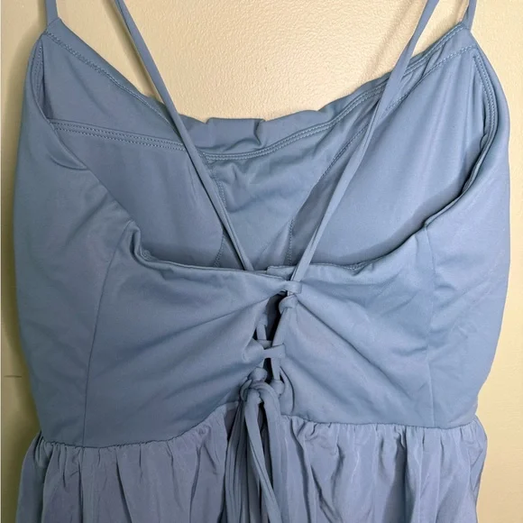 NWT NEW Halara Breezeful Backless Lace Up Tiered Mini Dress in Mineral Blue XL - Picture 6 of 9